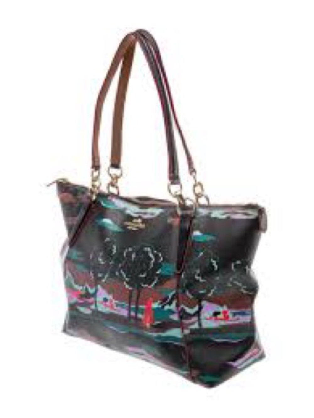 Coach Black Tote with Turquoise & Pink Scenic Print